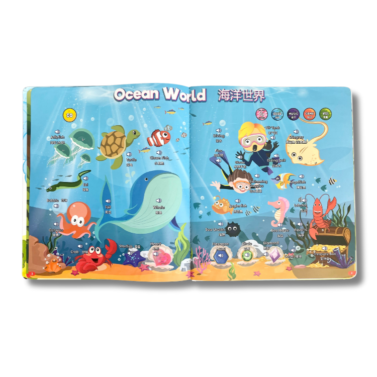 Bilingual Mandarin Cantonese English language learning audio book for kids opened to Ocean page