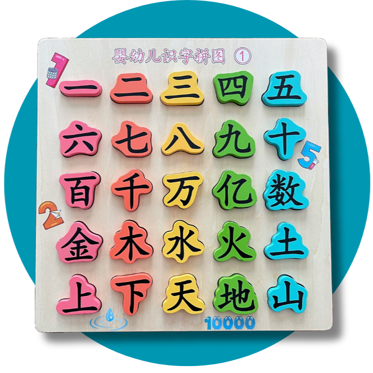 Image of First Chinese Characters Wooden Puzzle Set with Numbers 1-10 and foundational characters