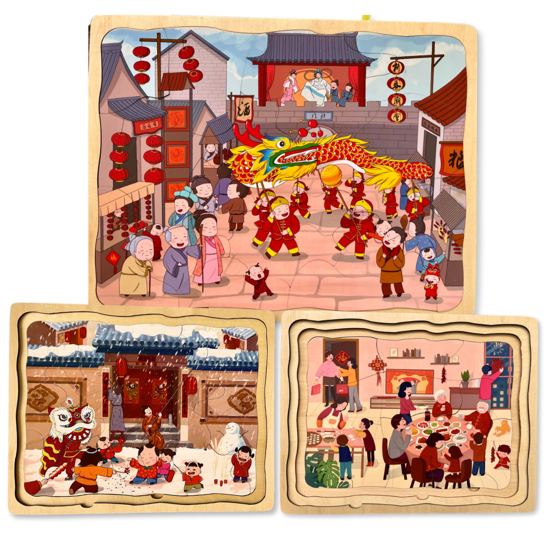 Image of Lunar New Year Wooden Puzzles Set for Kids showing dragon dance, lion dance and family feast scenes