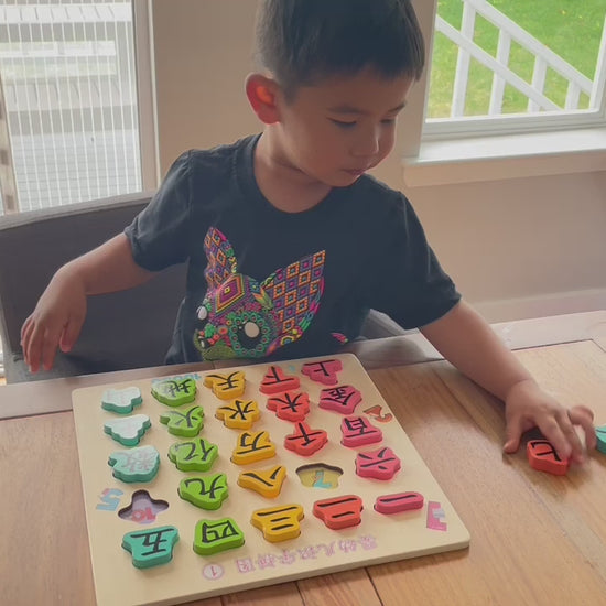 Video of kid playing with First Chinese Characters Wooden Puzzle Set