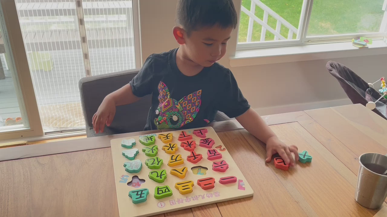 Video of kid playing with First Chinese Characters Wooden Puzzle Set